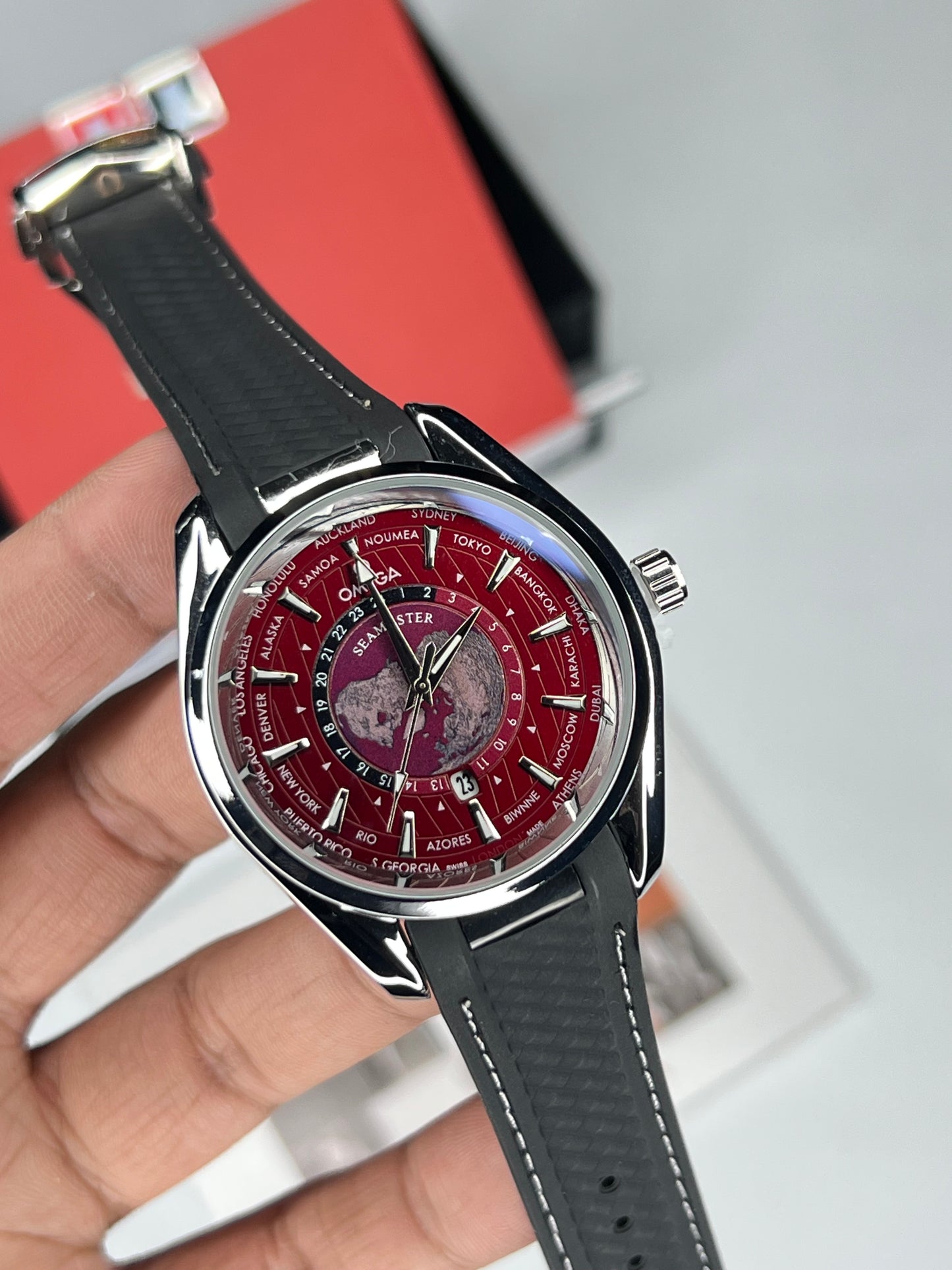 OMG silver Case Redwine Dial